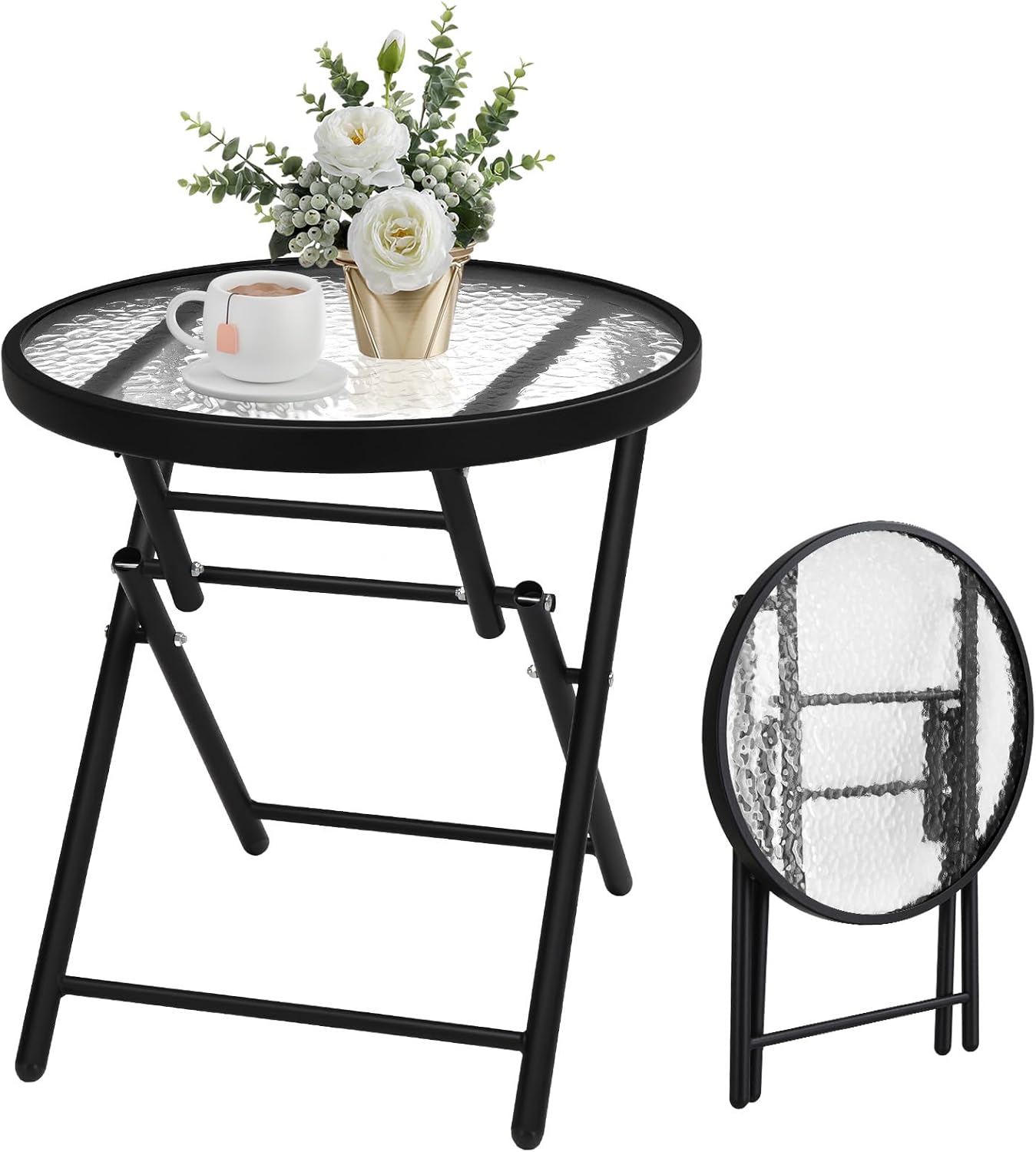 VINGLI Folding Glass Outdoor Side Table for Patio and Garden