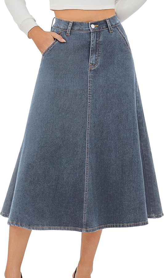 HUSKARY Women's Stretchy High Waisted A Line Maxi Jean Skirt