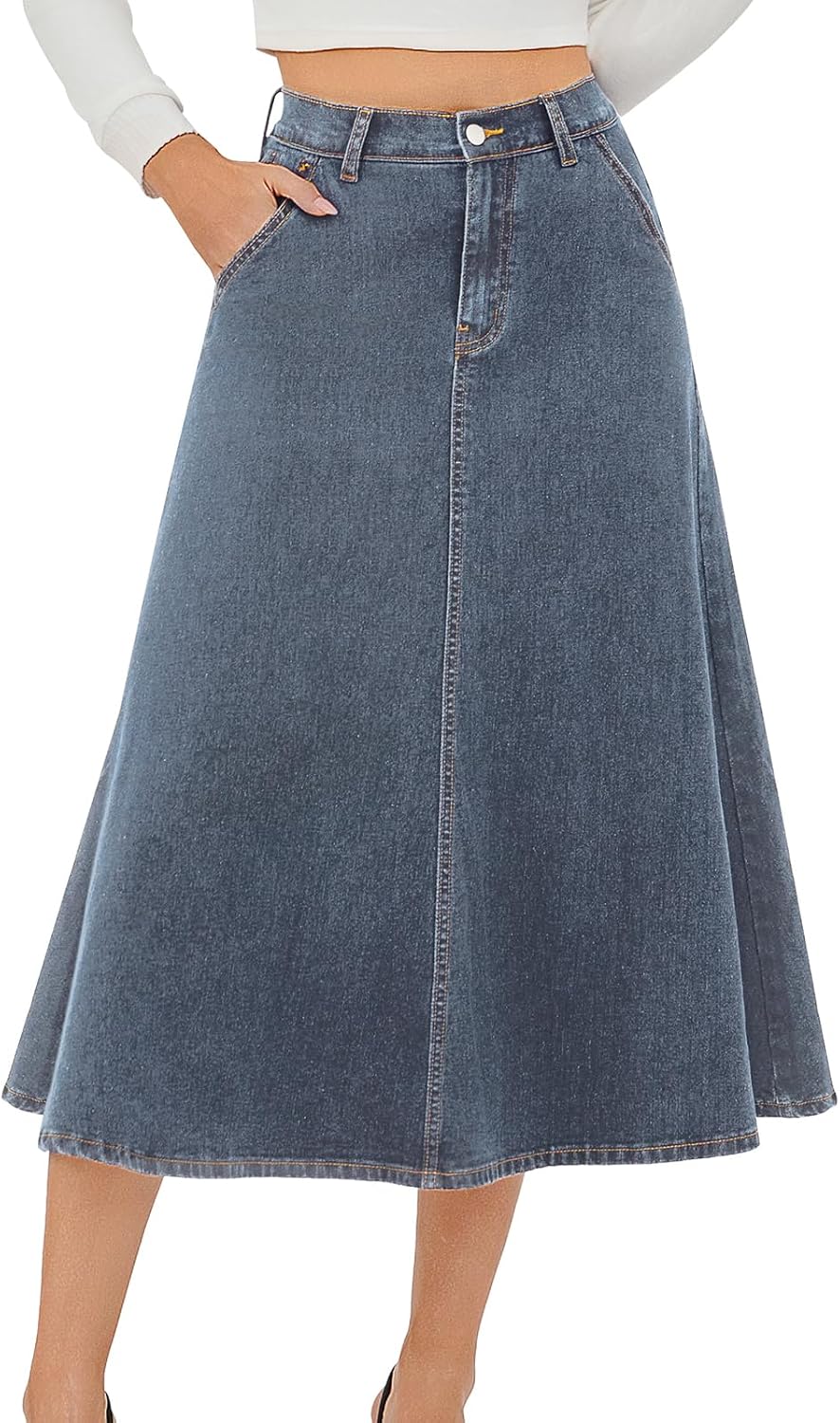 HUSKARY Women's Stretchy High Waisted A Line Maxi Jean Skirt