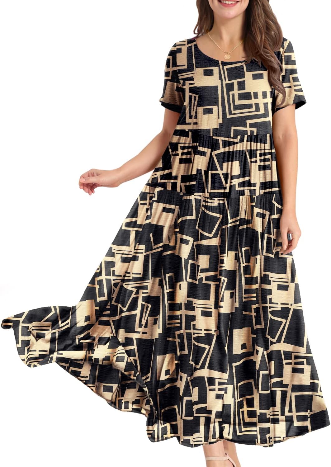 YESNO Women Casual Loose Bohemian Floral Dress with Pockets