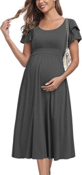 Ruffle Short Sleeve Maternity Dress High Waisted Midi - Comfortable US