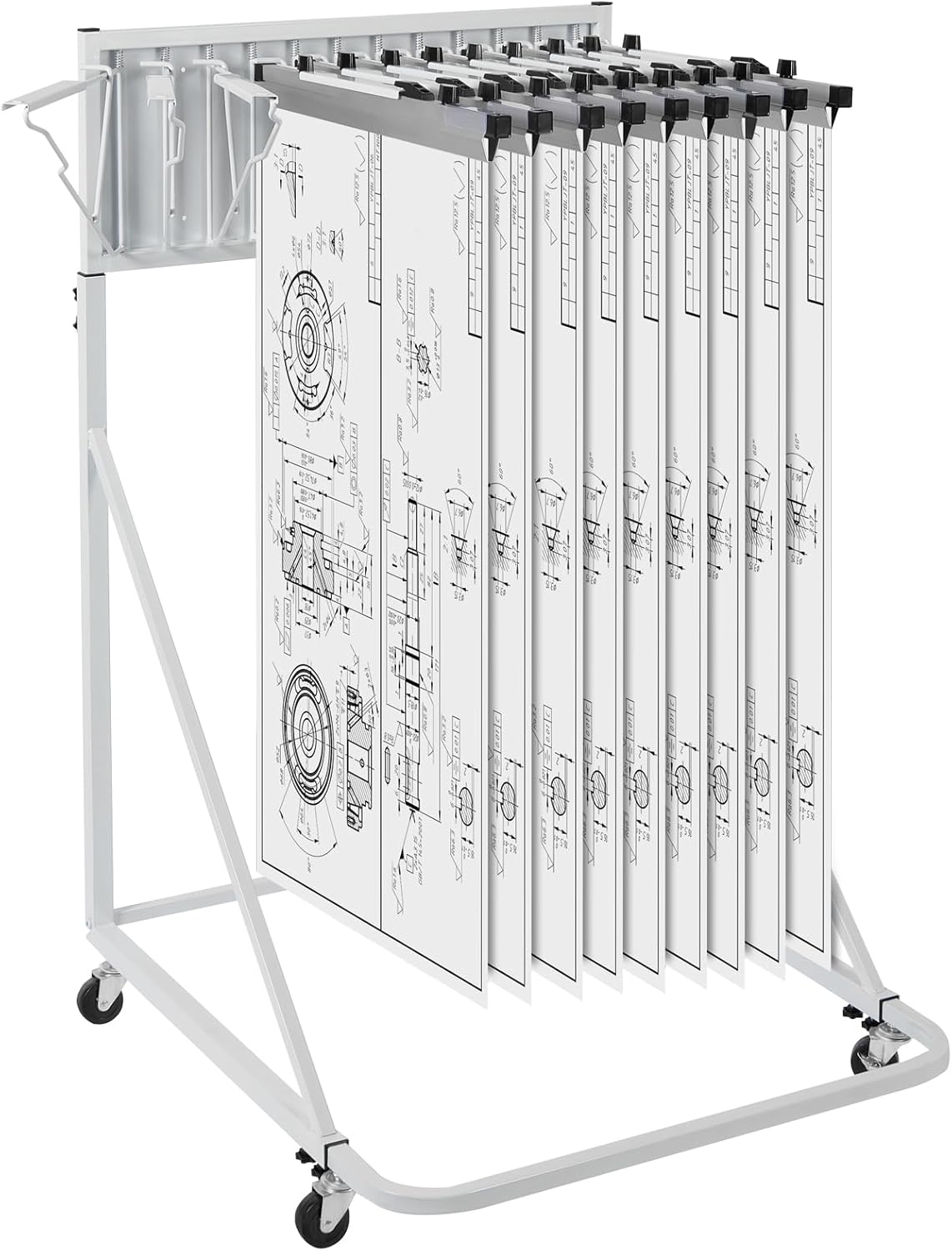 Mobile Blueprint Storage Rack with 12 Pivot Brackets for Documents