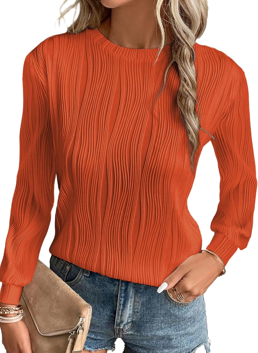 Trendy Dressy Casual Long Sleeve Crewneck Tops for Women