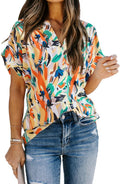 Women Floral Chiffon Tunic Top - Lightweight Split V Neck Blouse