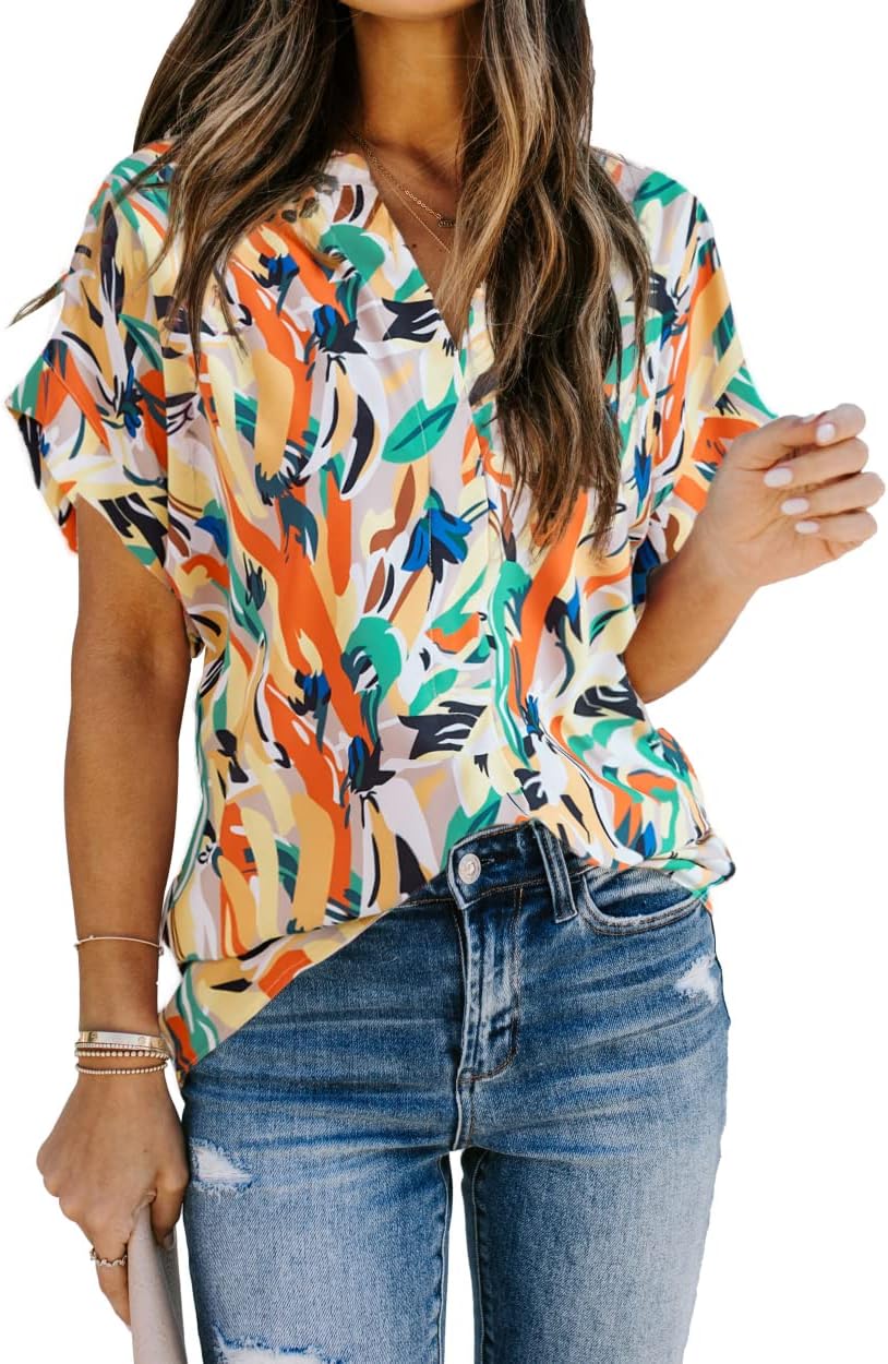 Allimy Women Summer Casual Split V Neckline Floral Blouses