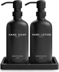 Black Glass Soap and Lotion Dispenser Set with Tray - Sleek Countertop