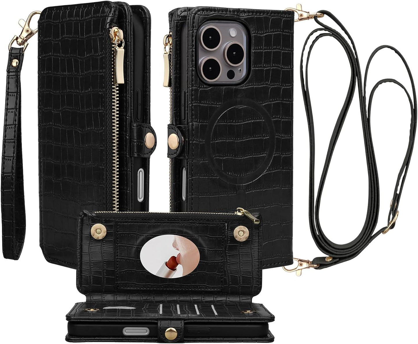 Crossbody Wallet Case for iPhone 16 Pro Max with Mirror and More