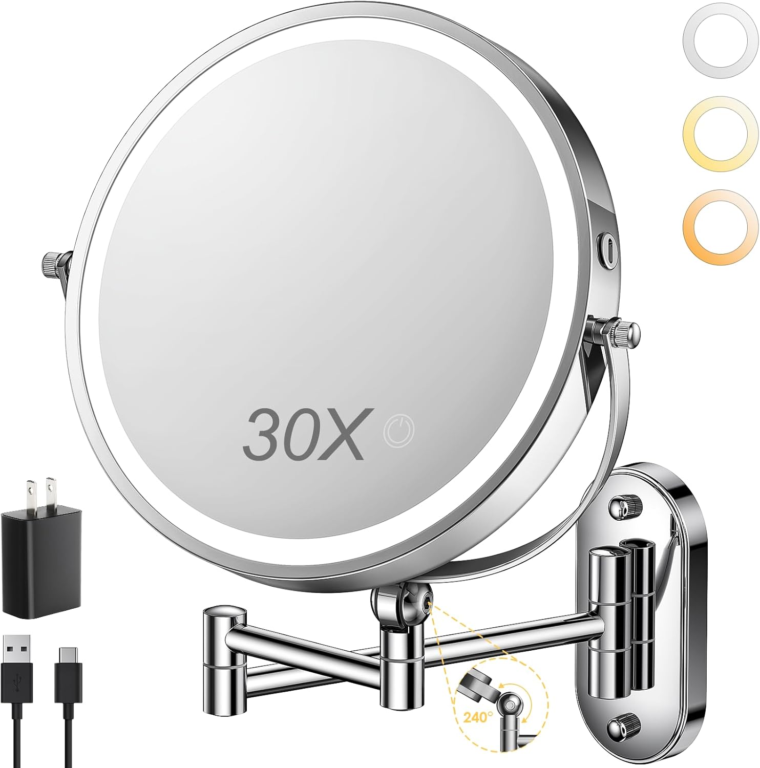 9in Wall Mounted Lighted Makeup Mirror with 360 Rotation Feature