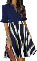 Womens V Neck Ruffle Short Sleeve Fit and Flare Dress with Pockets