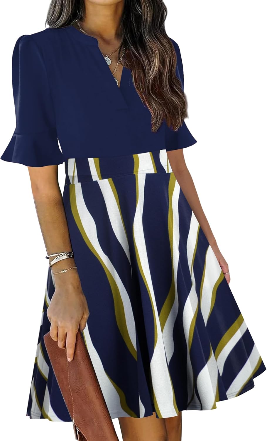 Mokayee Womens Summer V Neck Ruffle Short Sleeve Dress with Pockets