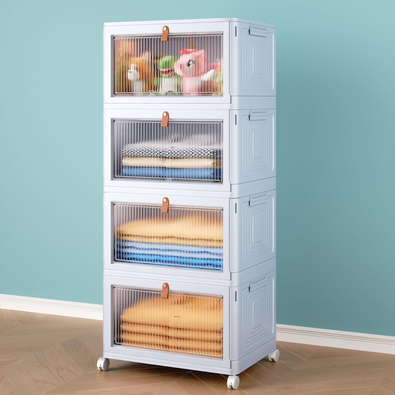 4 Tier Stackable Plastic Storage Bins with Lid and Wheels for Home