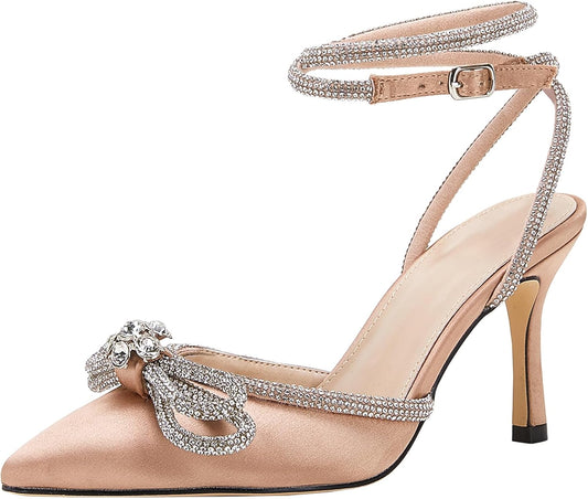 VETASTE Women's Double Bow Pointed Toe Ankle Strap Heels