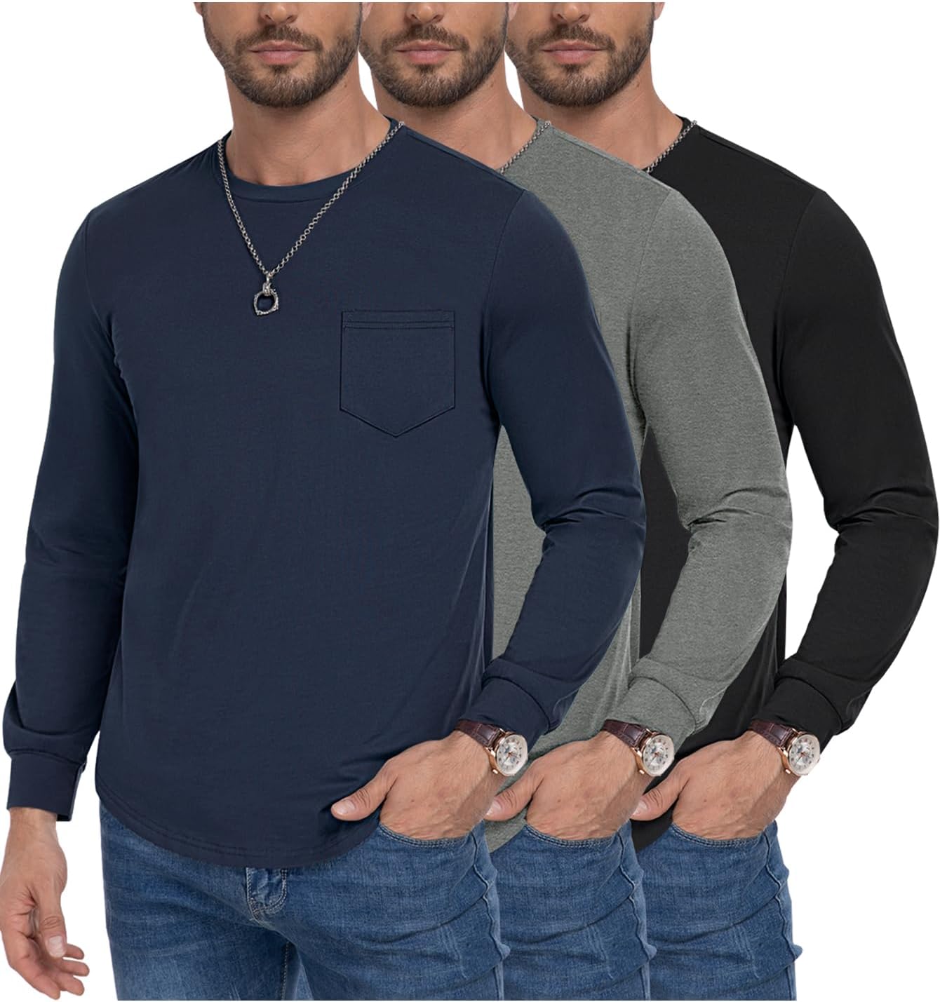 Men's Long Sleeve Pure Cotton T-Shirt 3 Pack for Casual Wear