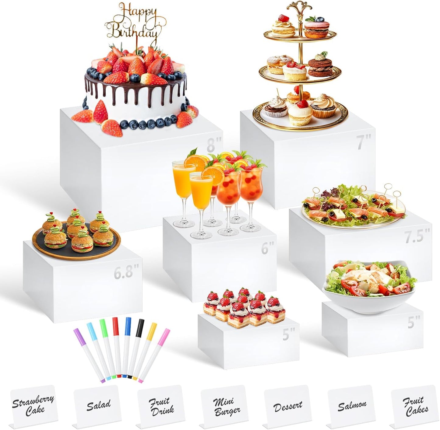 7Pcs White Acrylic Buffet Risers for Elegant Food Display
