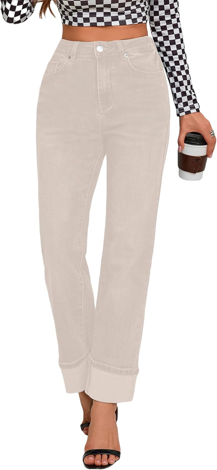 Womens High Waisted Stretchy Straight Leg Jeans for Tummy Control