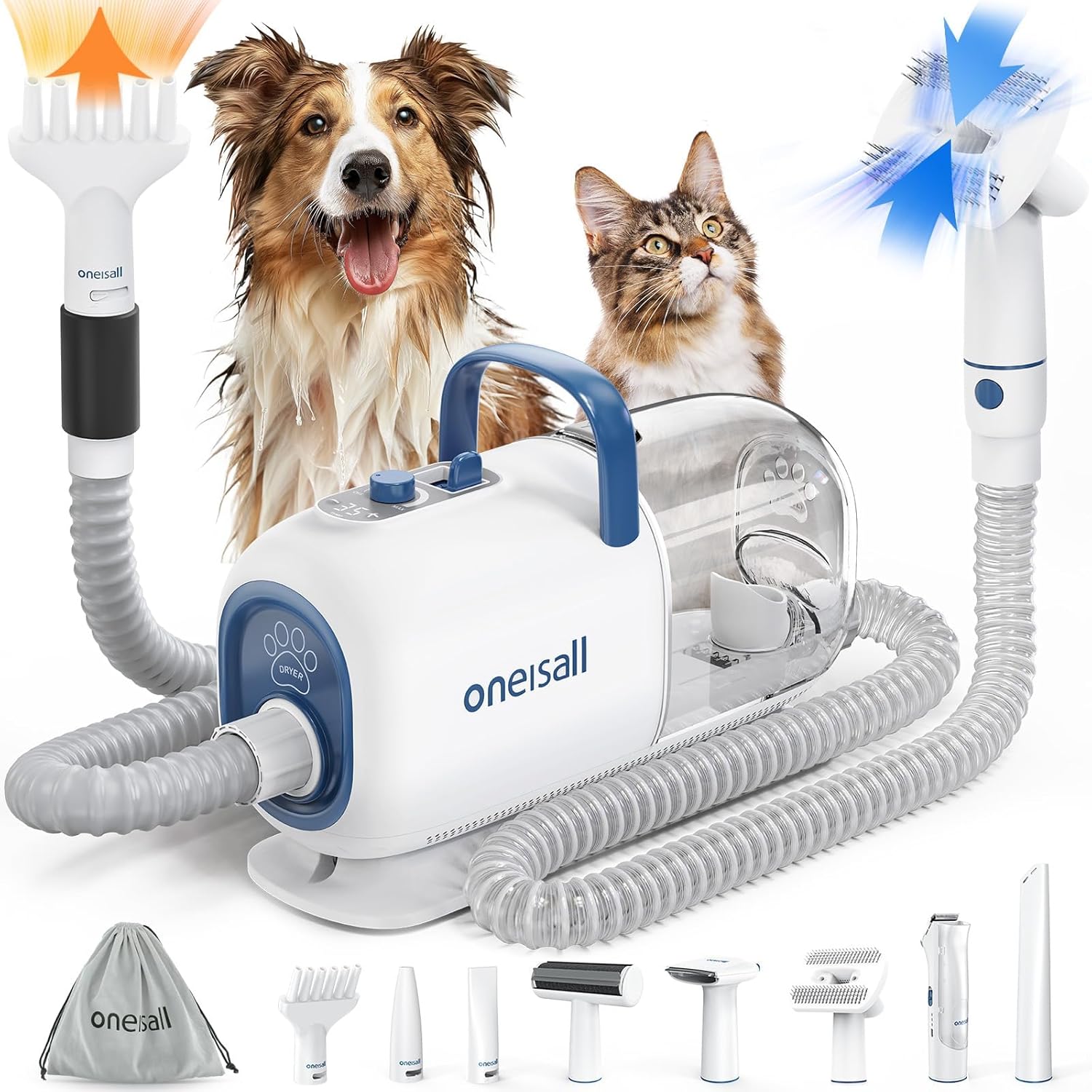 oneisall Dog Vacuum & Dryer: 8 in 1 Grooming Kit for Pets