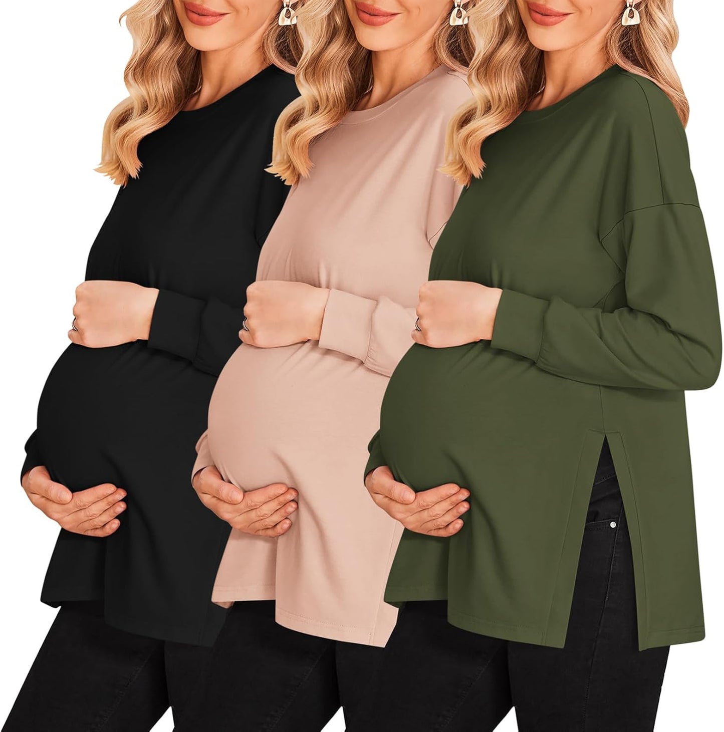 Ekouaer Maternity Shirts 3 Pack Long Sleeve Side Ruched Tee