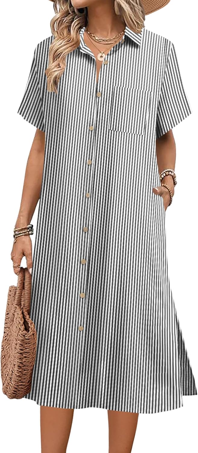 HOTOUCH Womens Summer Dress Casual Midi Short Sleeve Shirt