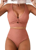 Textured Twist Front Bikini Set High Waisted Swimsuit - Flattering Fit