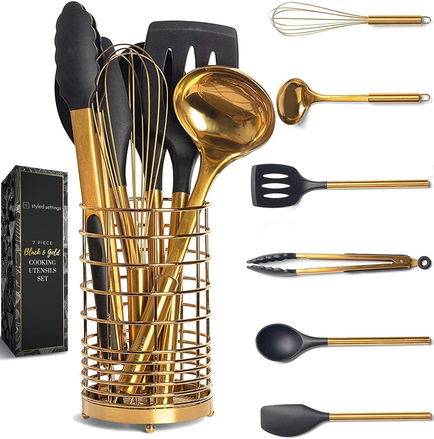 Black and Gold Kitchen Utensils Set - Stylish 7-Piece Cooking Tools