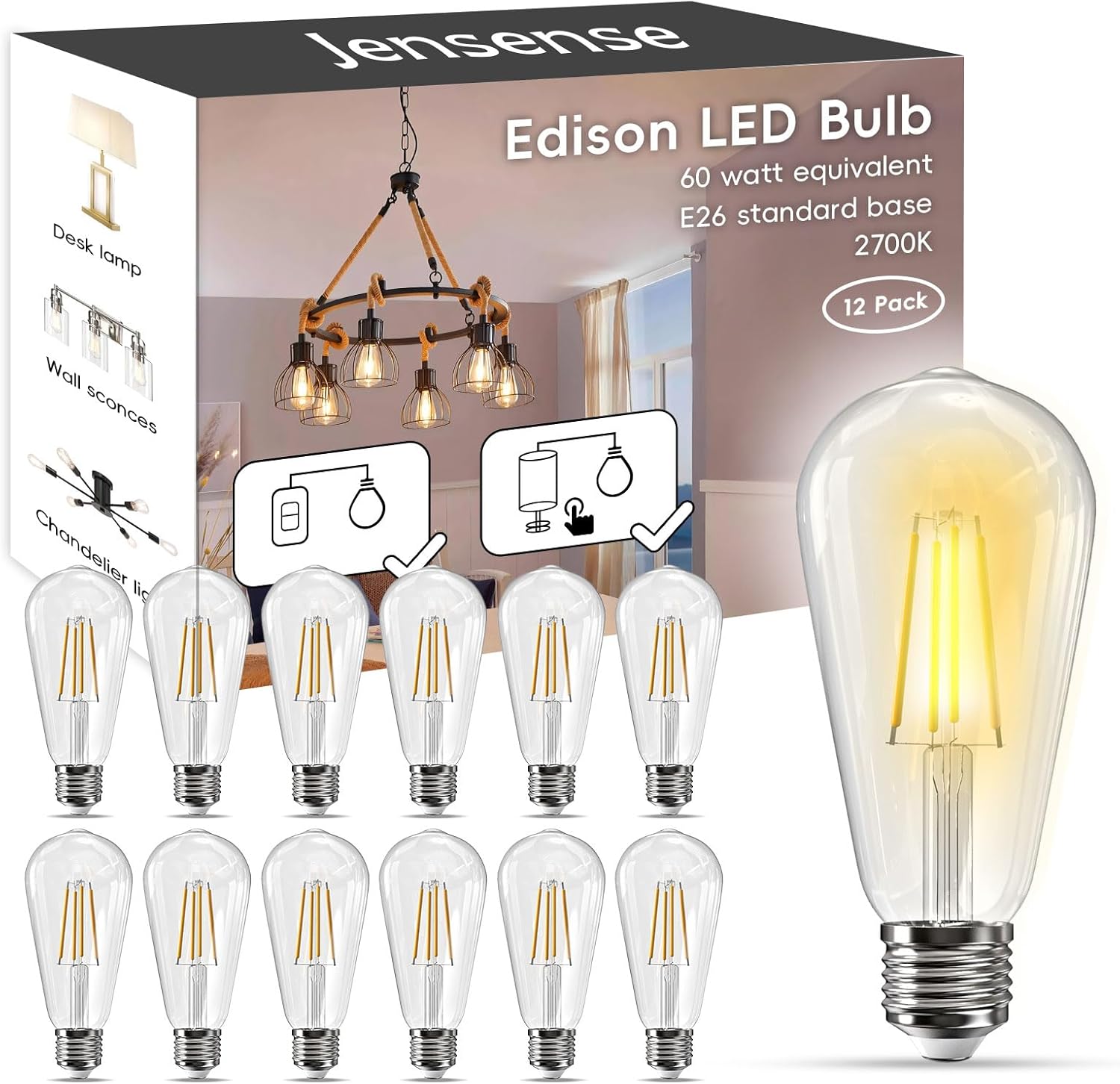Jensense Edison LED Light Bulbs 60 Watt Equivalent Dimmable