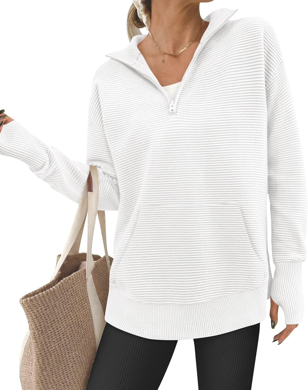 BTFBM Pocket Quarter Zip Pullover V Neck Sweater for Women