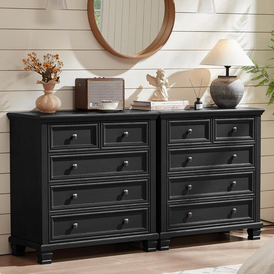 Farmhouse 5 Drawer Dresser Set of 2 for Modern Bedroom Storage