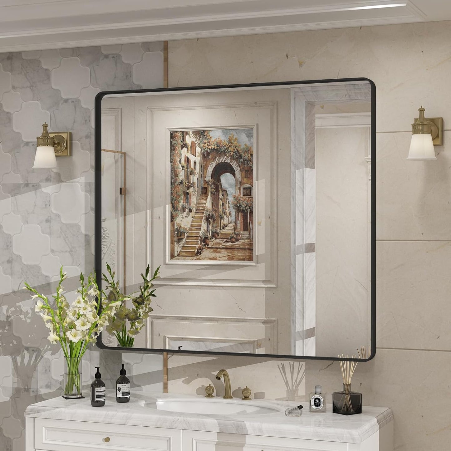 40x36 Inch Black Metal Framed Bathroom Mirror for Wall Decor