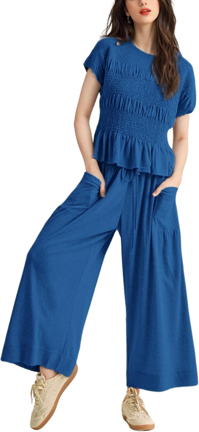Womens 2 Piece Smocked Top Wide-Leg Pants Set for Casual Style
