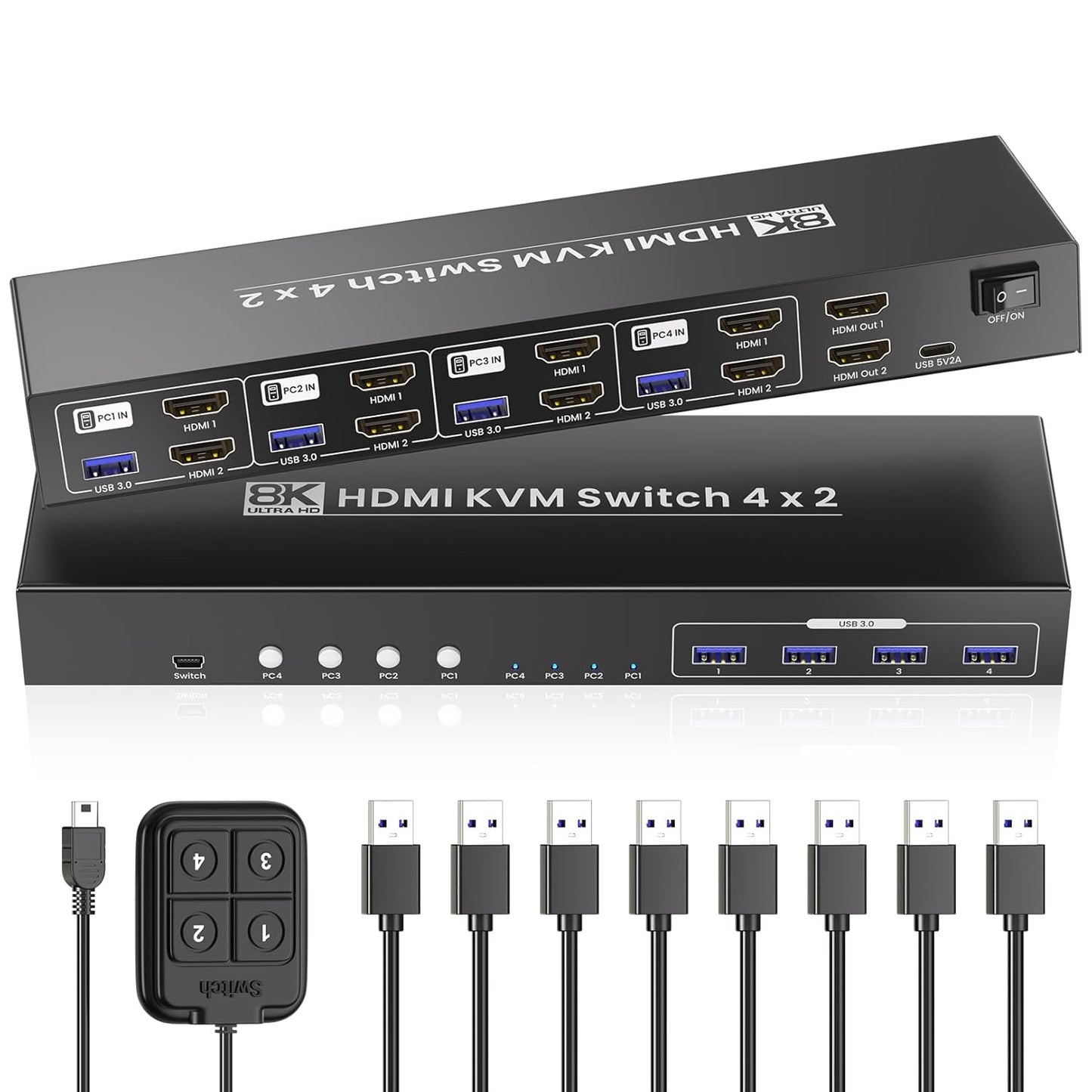 8K@60HZ HDMI KVM Switch for Dual Monitors and 4 Computers