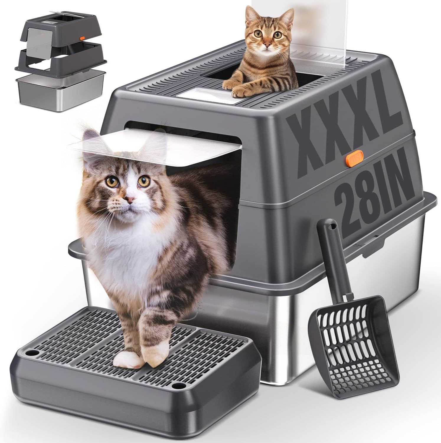 XXXL Stainless Steel Litter Box with Lid for Big Cats Comfort