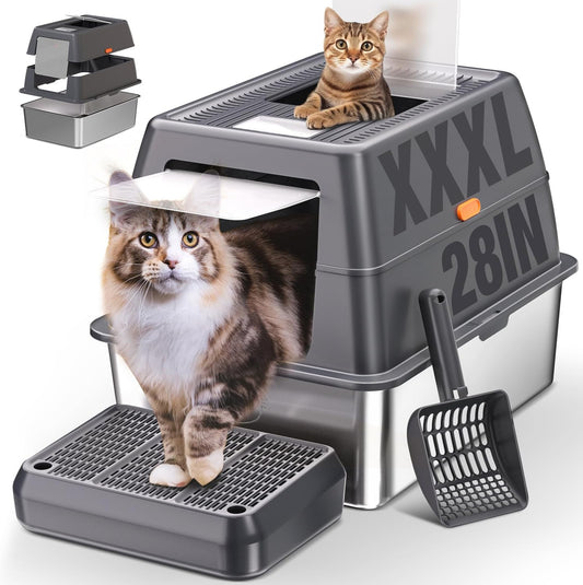 XXXL Stainless Steel Litter Box with Lid for Big Cats Comfort