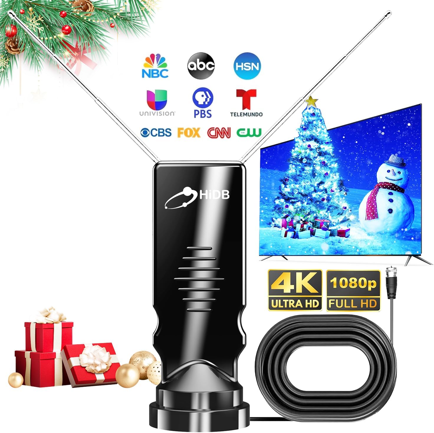HIDB Smart Indoor TV Antenna: Long Range, Cable-Free HDTV Channels
