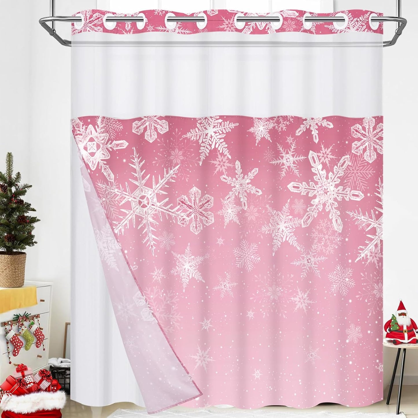 Likiyol Christmas Shower Curtain Set - Snowflake Pink Ombre, Waterproof with Mesh Window, 71x74, Pink