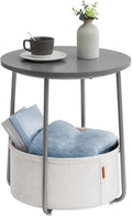 Small Round Side End Table - Modern Nightstand with Fabric Basket