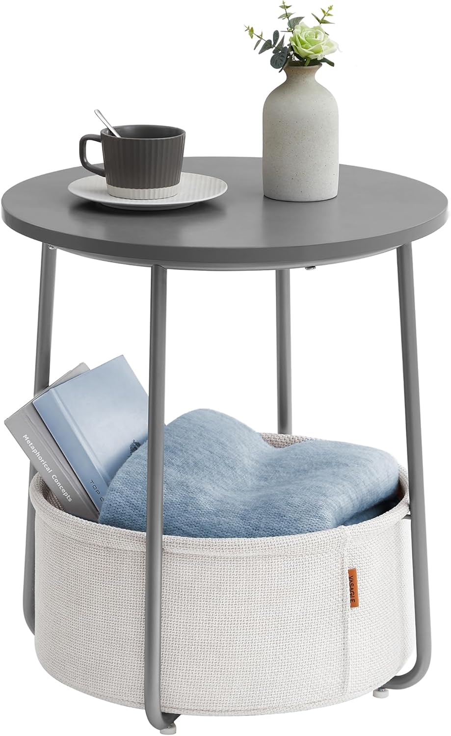 Modern Small Round Side End Table with Fabric Basket Storage
