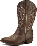 Women's Wide Calf Cowboy Boots Pull-On Mid-Calf Embroidered Pointed