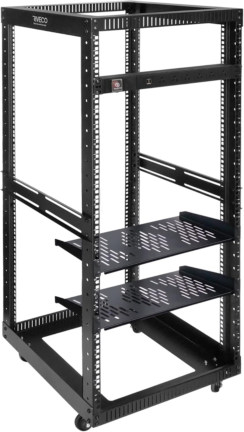 RIVECO 25U Open Frame Server Rack with Wheels and PDU Power Strip