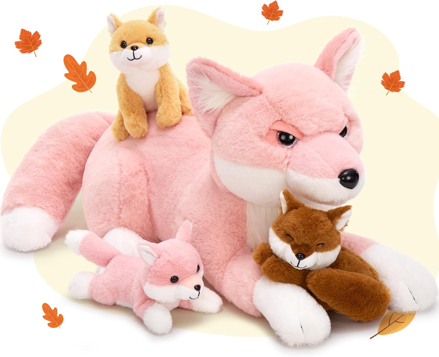 Large Pink Fox Plush Set with 3 Baby Foxes for Kids Fun