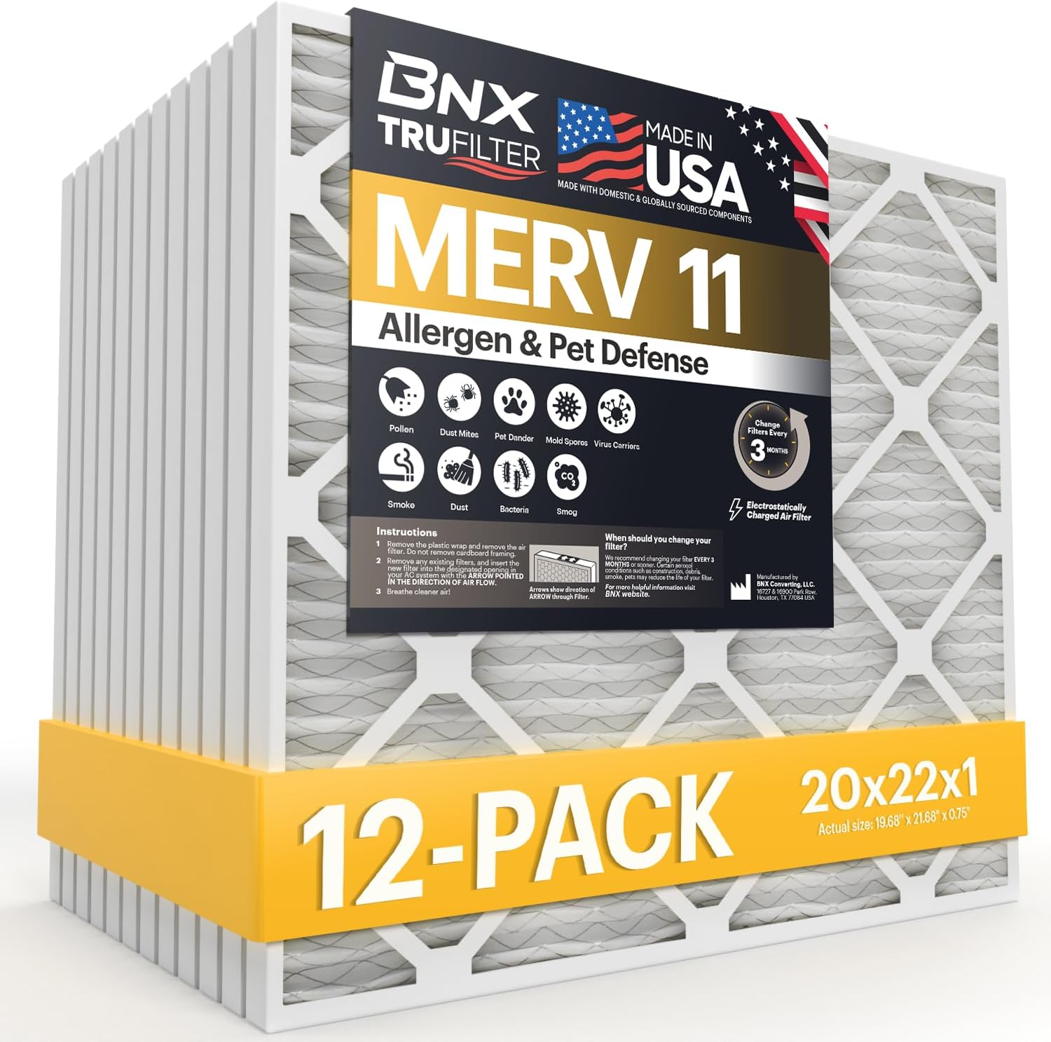 BNX TruFilter 20x22x1 Air Filter MERV 11 for Cleaner Air