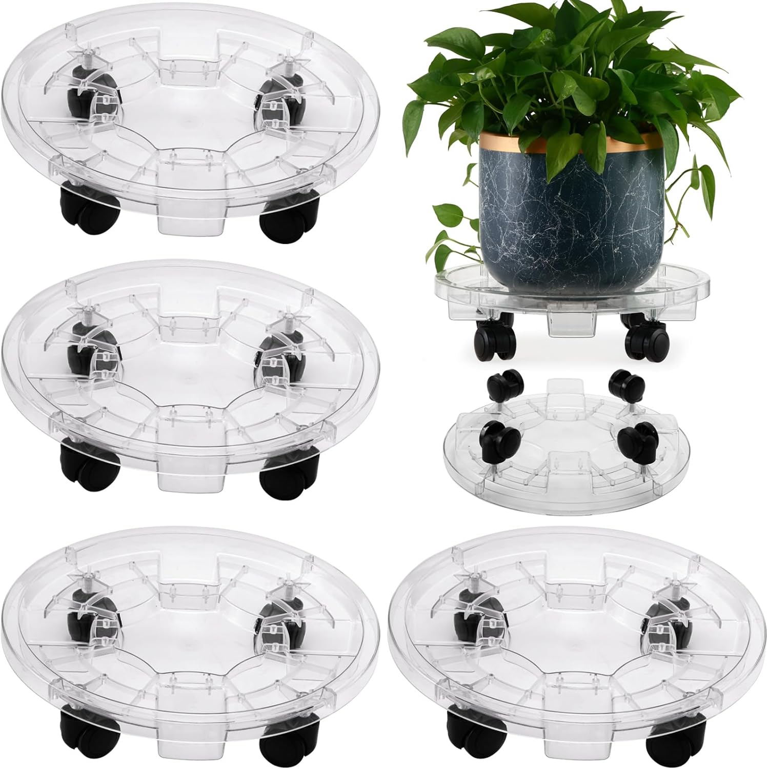 Large Clear Plant Caddy on Wheels - 4 Pack Heavy-Duty Dolly
