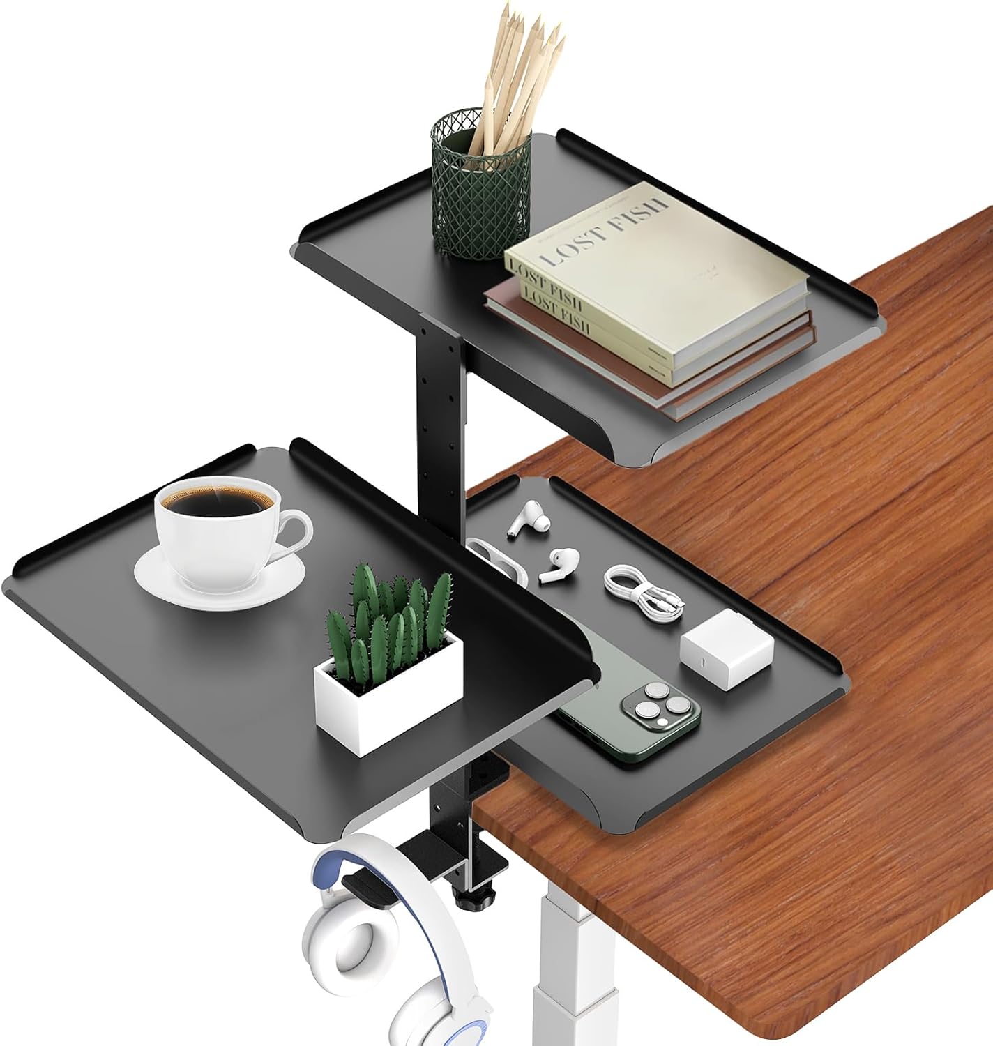 Maximize Desk Space with 3-Tier Organizer Shelf - No Drill Installation!