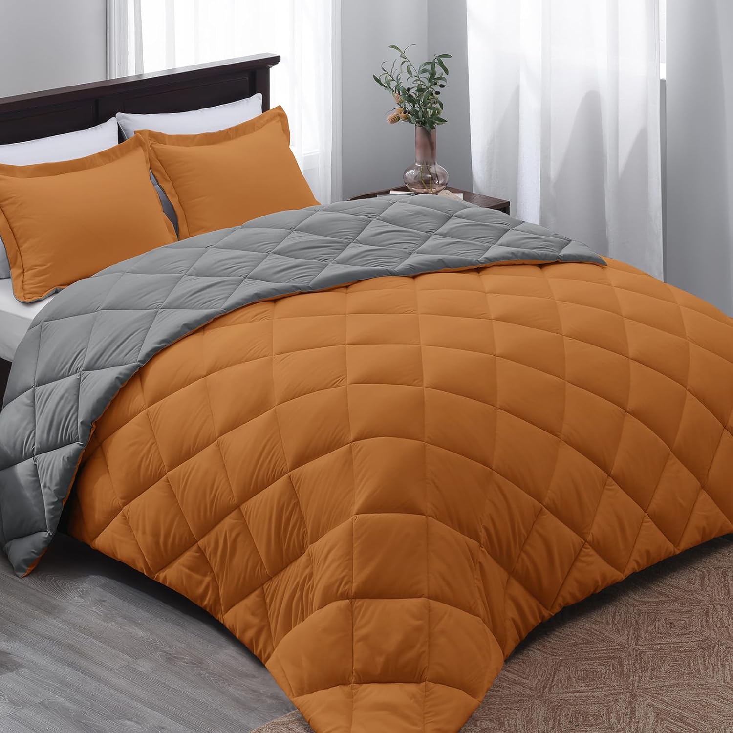 Beyond King Size Comforter Set - Burnt Orange Reversible Design