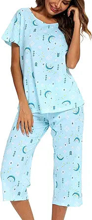 ENJOYNIGHT Women's Cute Sleepwear Tops with Capri Pants Set