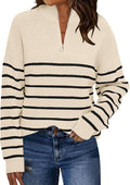 Quarter Zip Striped Oversized Sweater Mock Turtleneck - Cozy Fall Top