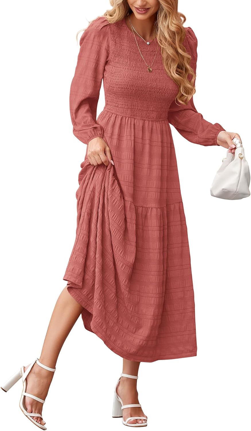 Dowerme Women's Puff Long Sleeve A-Line Maxi Dress for Fall
