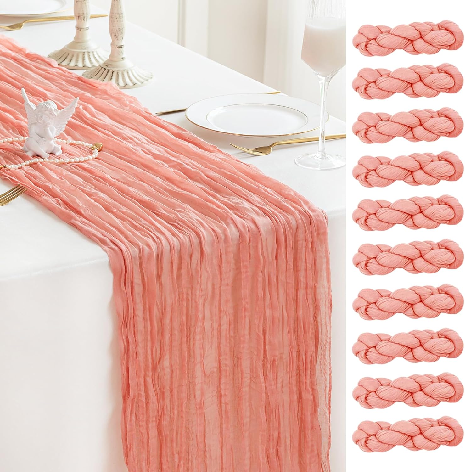 Peach Coral Cheesecloth Table Runner for Elegant Fall Decor