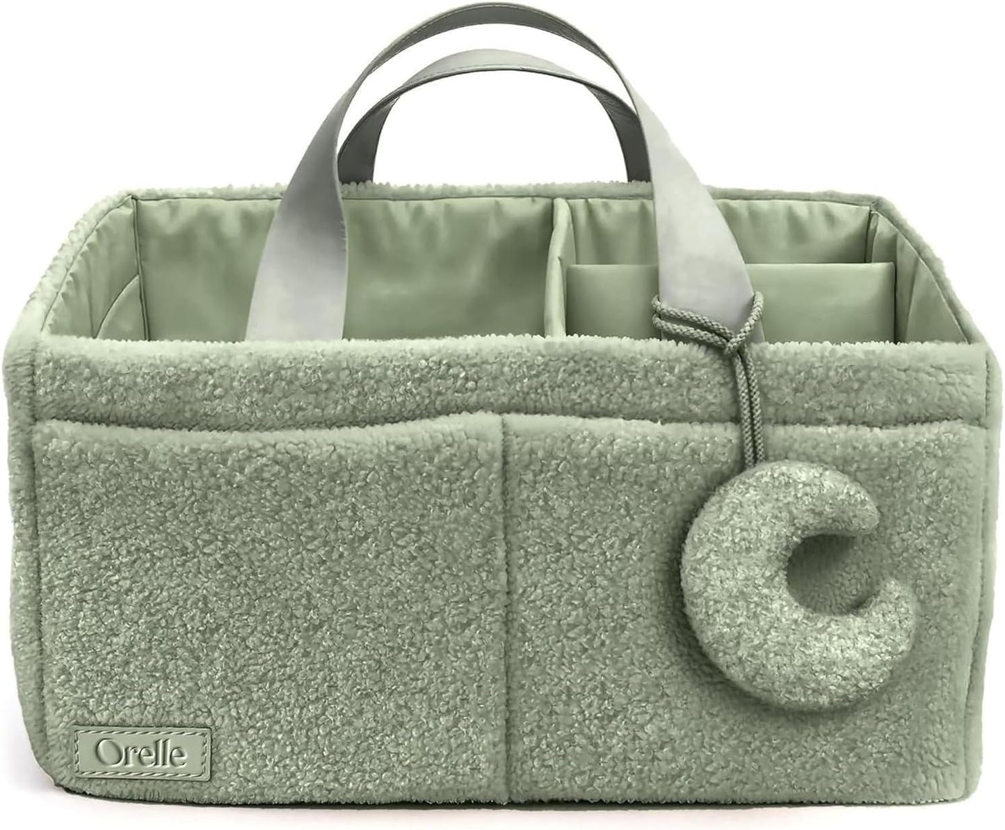 Sage Green Diaper Caddy Organizer with Matching Pouch & Moon Pendant
