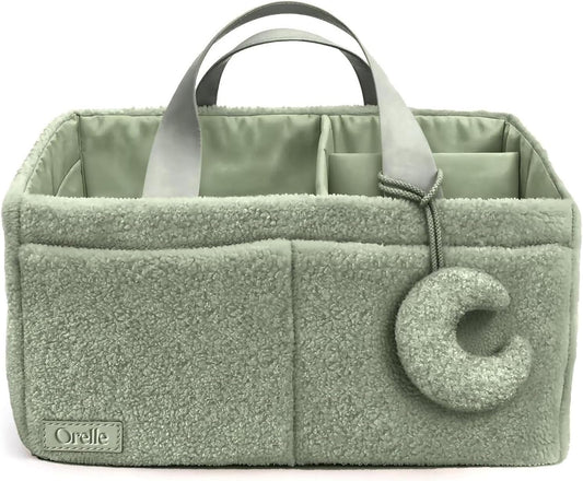 Sage Green Diaper Caddy Organizer with Matching Pouch & Moon Pendant