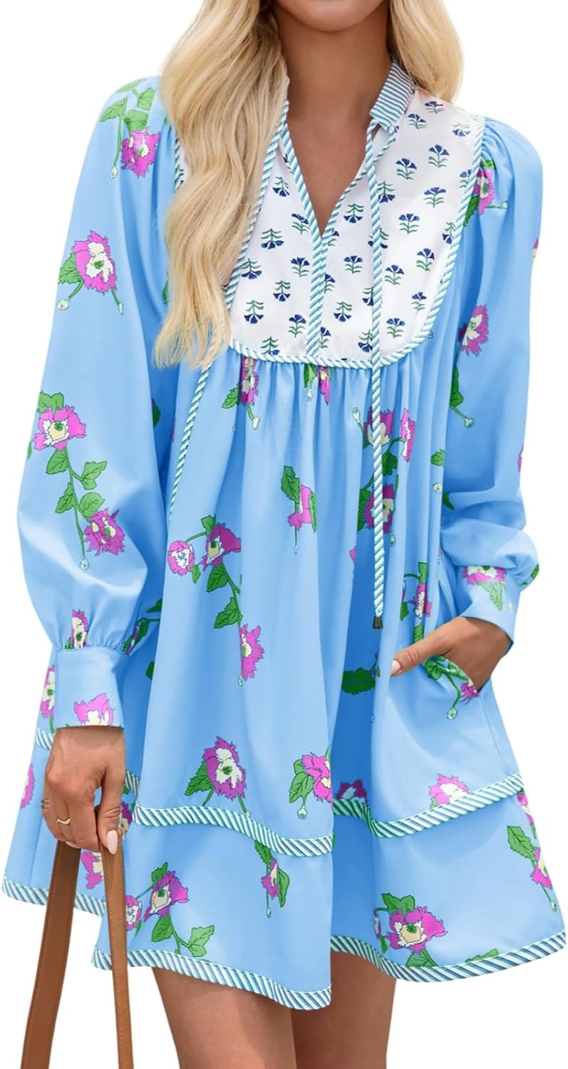 Womens Casual Floral Mini Dress for Fall with Long Sleeves